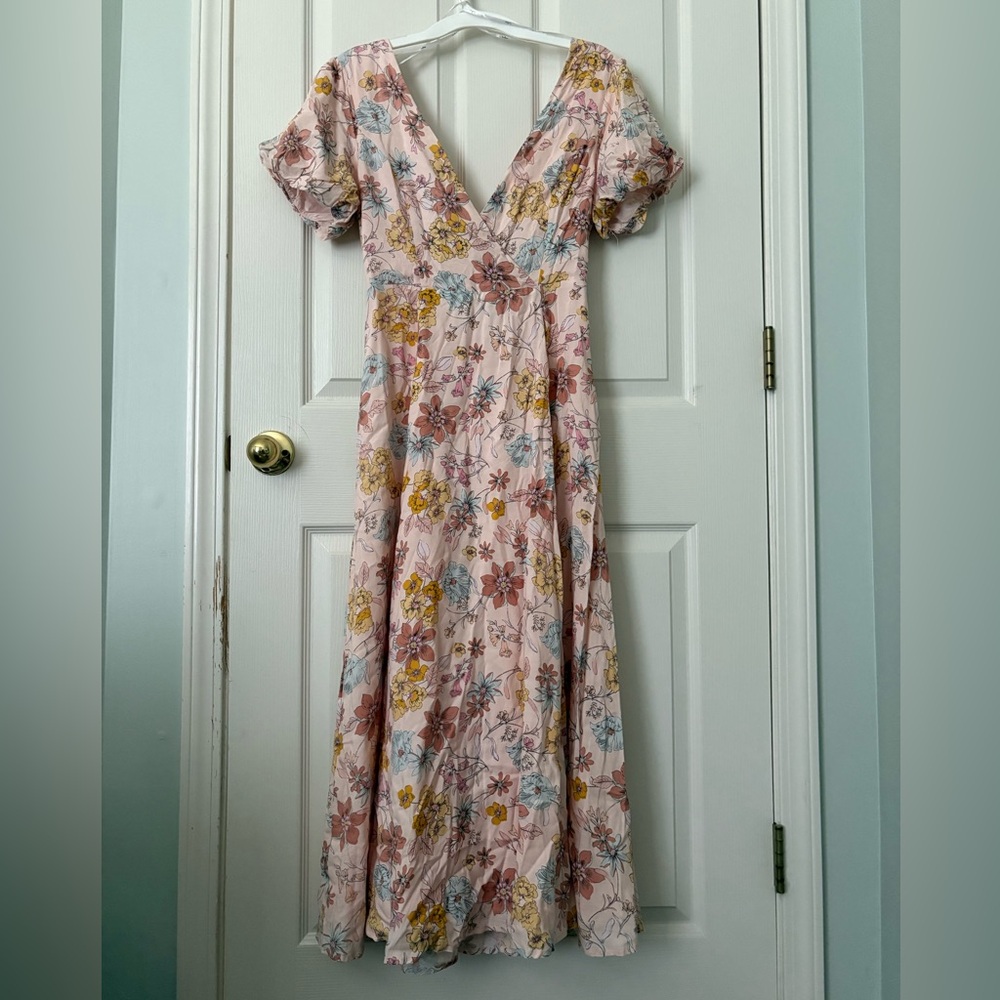 Lulus Flourishing Feelings Pink Floral Print
Puff Sleeve Midi Dress